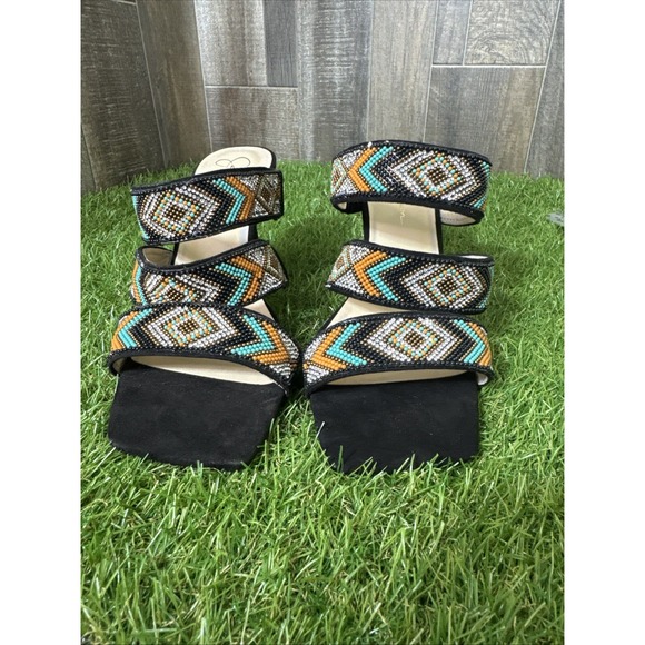 Jessica Simpson Aztec Beaded Heels Size 10M Black Square Toe Sandals - Picture 2 of 9